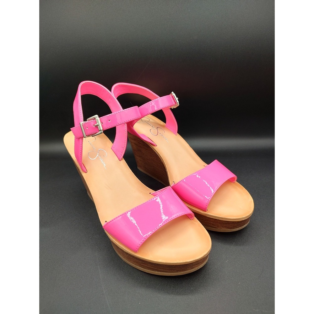 Jessica Simpson Miercen Hot Pink Patent Wedge Sandals Womens 8.5 M Platform Wood
